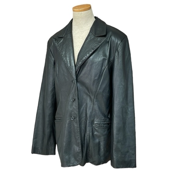 BCBGMAXAZRIA Jacket Women's 12 Black Leather Collar Buttons Pockets Blazer - Picture 3 of 17